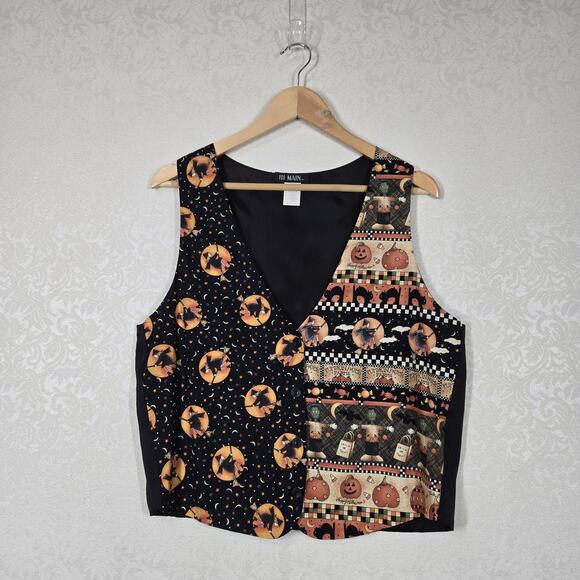 VTG 111 Main Halloween Vest L Black Orange Witch Pumpkins Black Cat Trick Treat - Picture 10 of 10